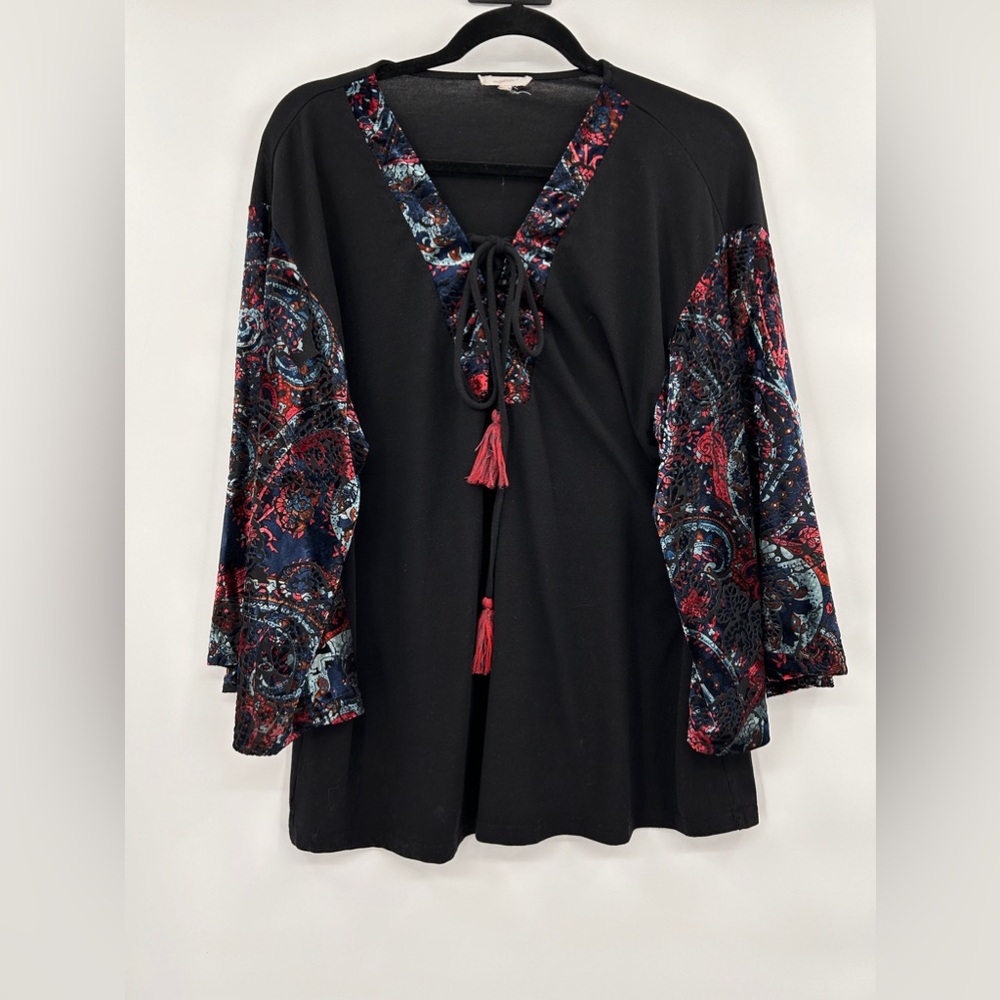 Mystree Velvet Burnout‎ Bell Sleeve Top Sz Large Lace Up Festival Whimsigoth